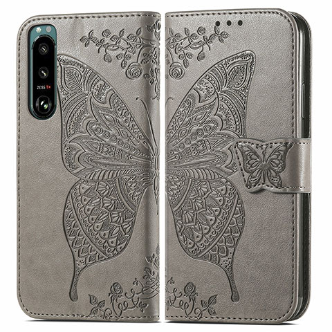 Coque Portefeuille Papillon Livre Cuir Etui Clapet pour Sony Xperia 5 III Gris