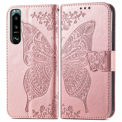 Coque Portefeuille Papillon Livre Cuir Etui Clapet pour Sony Xperia 5 III Rose