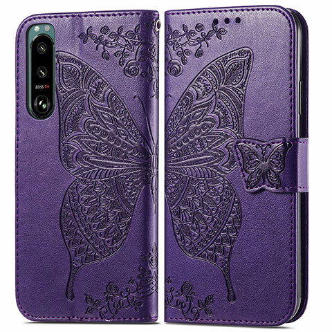 Coque Portefeuille Papillon Livre Cuir Etui Clapet pour Sony Xperia 5 III SO-53B Violet