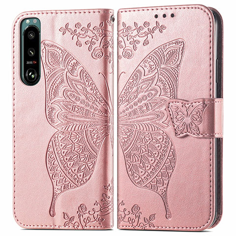 Coque Portefeuille Papillon Livre Cuir Etui Clapet pour Sony Xperia 5 IV Rose