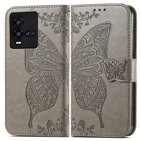 Coque Portefeuille Papillon Livre Cuir Etui Clapet pour Vivo iQOO 10 5G Gris