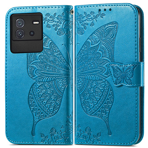 Coque Portefeuille Papillon Livre Cuir Etui Clapet pour Vivo iQOO Neo6 5G Bleu