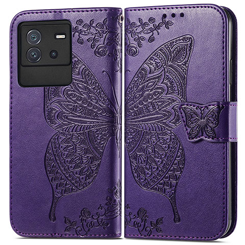 Coque Portefeuille Papillon Livre Cuir Etui Clapet pour Vivo iQOO Neo6 5G Violet