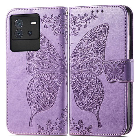 Coque Portefeuille Papillon Livre Cuir Etui Clapet pour Vivo iQOO Neo6 5G Violet Clair