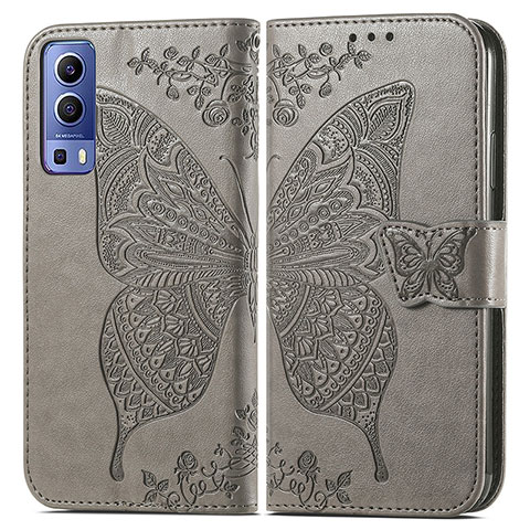 Coque Portefeuille Papillon Livre Cuir Etui Clapet pour Vivo iQOO Z3 5G Gris