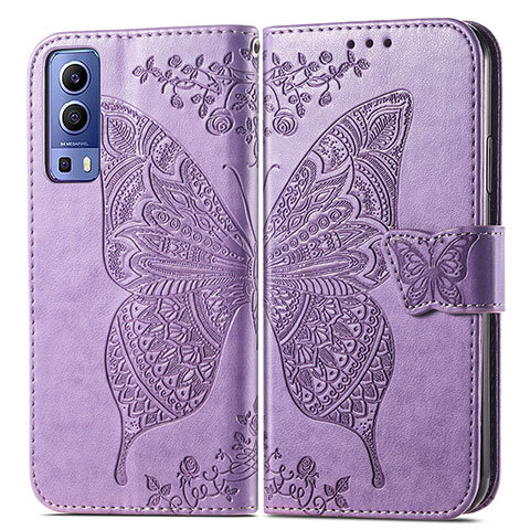 Coque Portefeuille Papillon Livre Cuir Etui Clapet pour Vivo iQOO Z3 5G Violet Clair