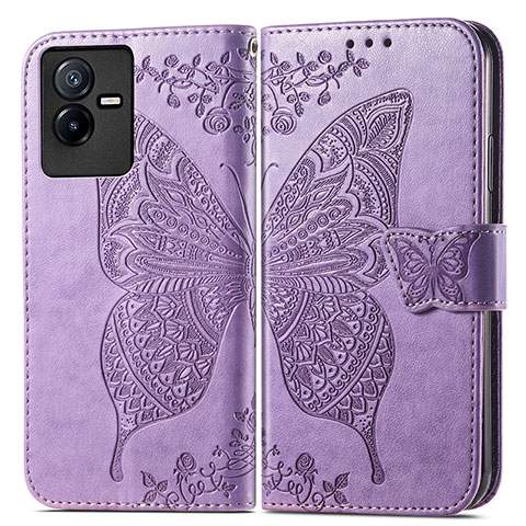 Coque Portefeuille Papillon Livre Cuir Etui Clapet pour Vivo iQOO Z6x Violet Clair