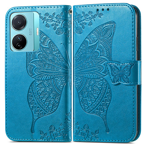 Coque Portefeuille Papillon Livre Cuir Etui Clapet pour Vivo T1 5G Bleu