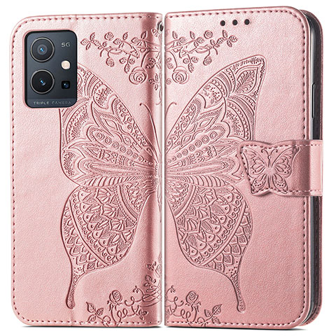 Coque Portefeuille Papillon Livre Cuir Etui Clapet pour Vivo T1 5G India Rose