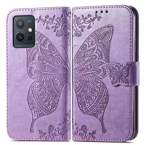 Coque Portefeuille Papillon Livre Cuir Etui Clapet pour Vivo T1 5G India Violet Clair