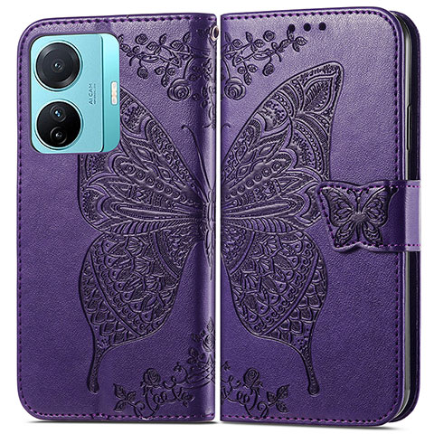 Coque Portefeuille Papillon Livre Cuir Etui Clapet pour Vivo T1 5G Violet