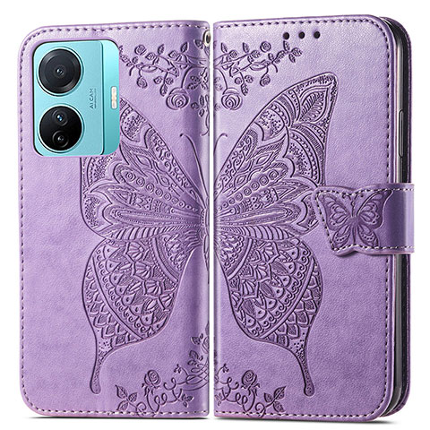 Coque Portefeuille Papillon Livre Cuir Etui Clapet pour Vivo T1 5G Violet Clair