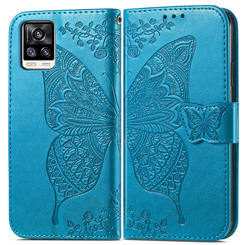 Coque Portefeuille Papillon Livre Cuir Etui Clapet pour Vivo V20 (2021) Bleu