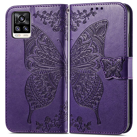 Coque Portefeuille Papillon Livre Cuir Etui Clapet pour Vivo V20 (2021) Violet