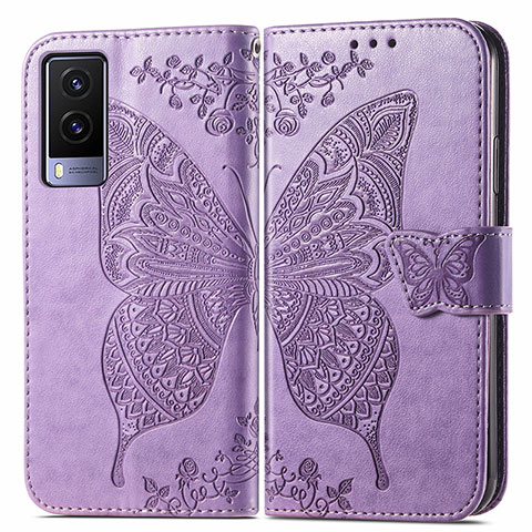 Coque Portefeuille Papillon Livre Cuir Etui Clapet pour Vivo V21e 5G Violet Clair