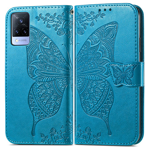 Coque Portefeuille Papillon Livre Cuir Etui Clapet pour Vivo V21s 5G Bleu