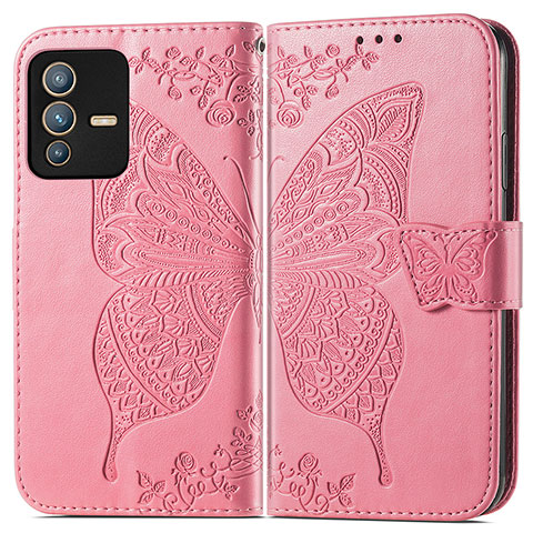 Coque Portefeuille Papillon Livre Cuir Etui Clapet pour Vivo V23 Pro 5G Rose Rouge