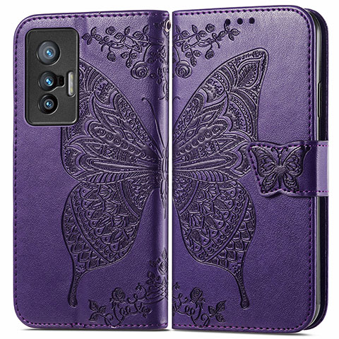 Coque Portefeuille Papillon Livre Cuir Etui Clapet pour Vivo X70 5G Violet