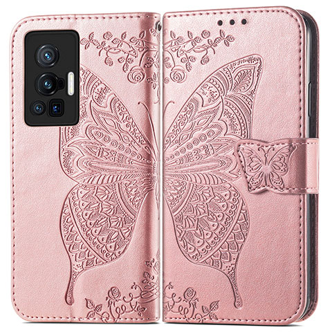 Coque Portefeuille Papillon Livre Cuir Etui Clapet pour Vivo X70 Pro 5G Rose