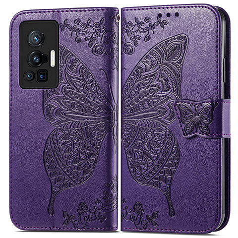 Coque Portefeuille Papillon Livre Cuir Etui Clapet pour Vivo X70 Pro 5G Violet