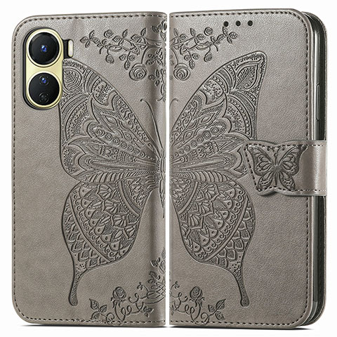 Coque Portefeuille Papillon Livre Cuir Etui Clapet pour Vivo Y02S Gris