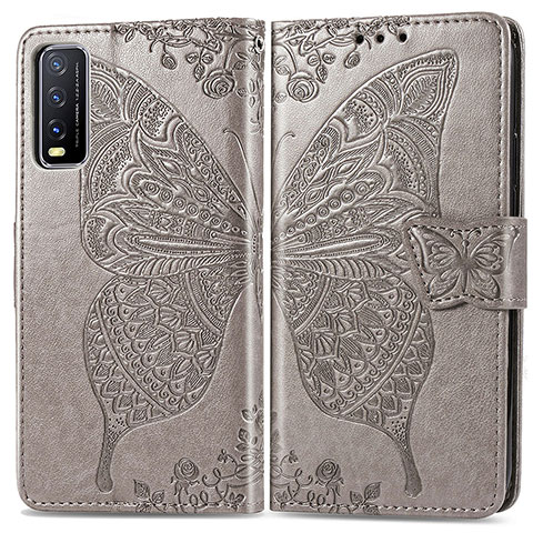 Coque Portefeuille Papillon Livre Cuir Etui Clapet pour Vivo Y11s Gris