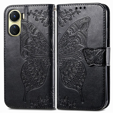 Coque Portefeuille Papillon Livre Cuir Etui Clapet pour Vivo Y16 Noir