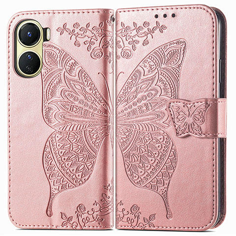 Coque Portefeuille Papillon Livre Cuir Etui Clapet pour Vivo Y16 Rose