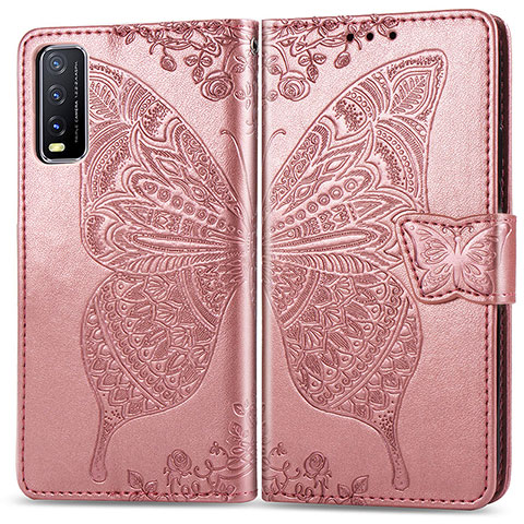 Coque Portefeuille Papillon Livre Cuir Etui Clapet pour Vivo Y20s G Rose