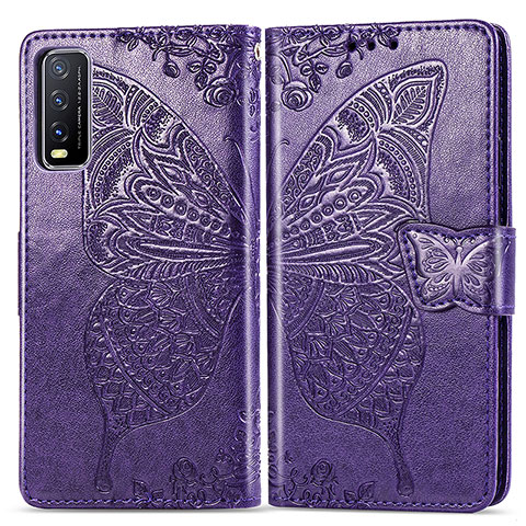 Coque Portefeuille Papillon Livre Cuir Etui Clapet pour Vivo Y20s G Violet