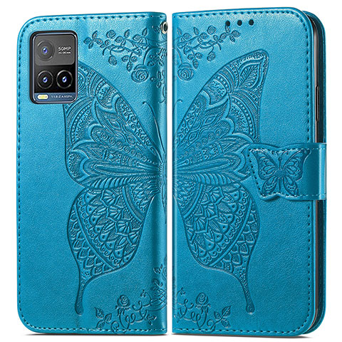 Coque Portefeuille Papillon Livre Cuir Etui Clapet pour Vivo Y21 Bleu