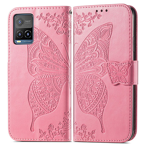 Coque Portefeuille Papillon Livre Cuir Etui Clapet pour Vivo Y21G Rose Rouge