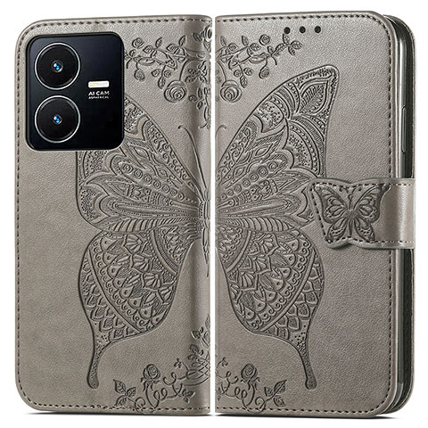 Coque Portefeuille Papillon Livre Cuir Etui Clapet pour Vivo Y22 Gris