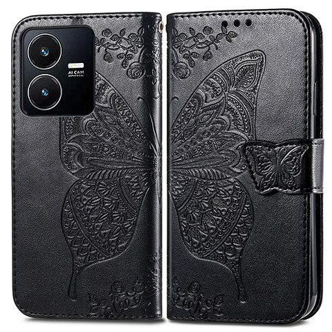 Coque Portefeuille Papillon Livre Cuir Etui Clapet pour Vivo Y22 Noir