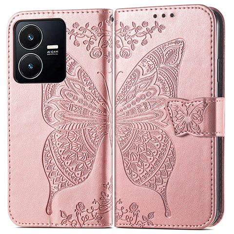 Coque Portefeuille Papillon Livre Cuir Etui Clapet pour Vivo Y22 Rose