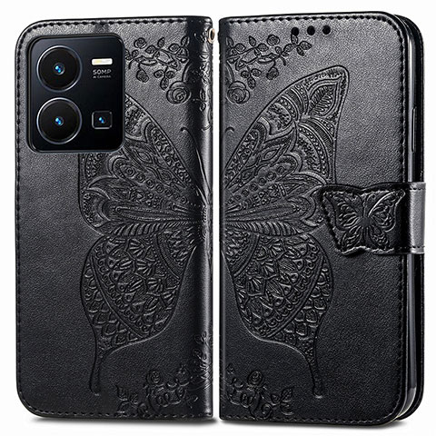 Coque Portefeuille Papillon Livre Cuir Etui Clapet pour Vivo Y35 4G Noir