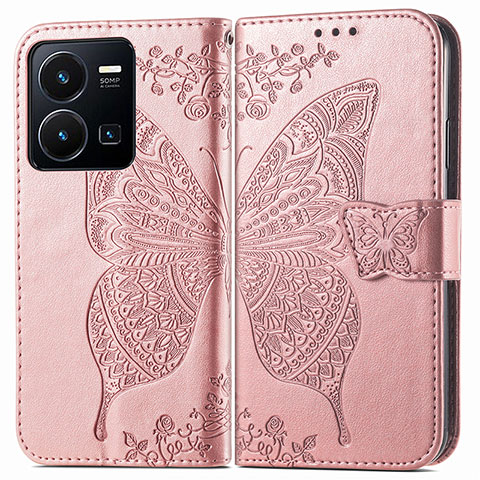 Coque Portefeuille Papillon Livre Cuir Etui Clapet pour Vivo Y35 4G Rose