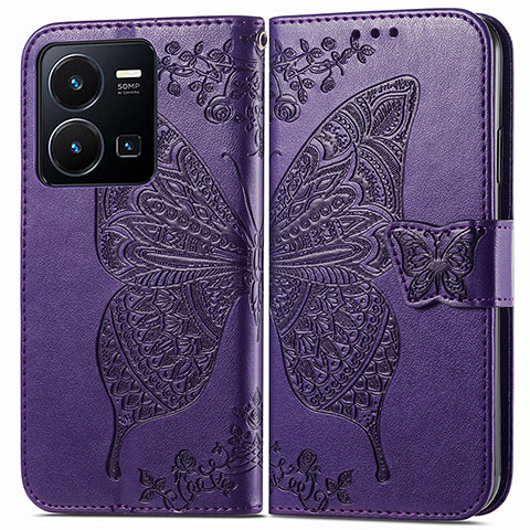 Coque Portefeuille Papillon Livre Cuir Etui Clapet pour Vivo Y35 4G Violet