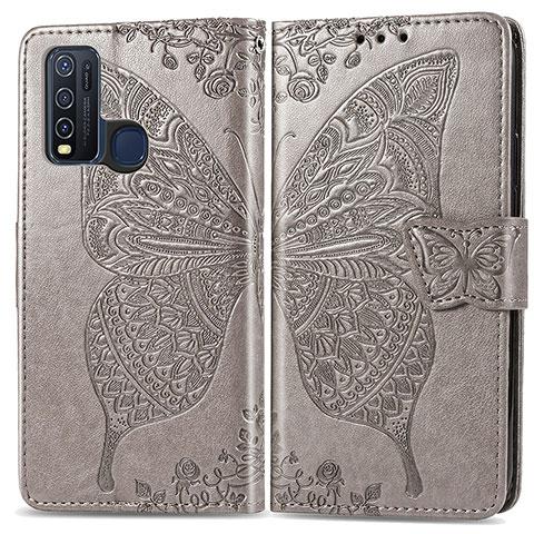 Coque Portefeuille Papillon Livre Cuir Etui Clapet pour Vivo Y50 Gris