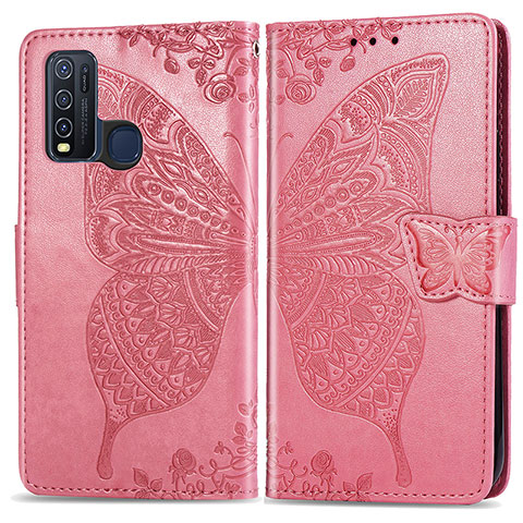 Coque Portefeuille Papillon Livre Cuir Etui Clapet pour Vivo Y50 Rose Rouge