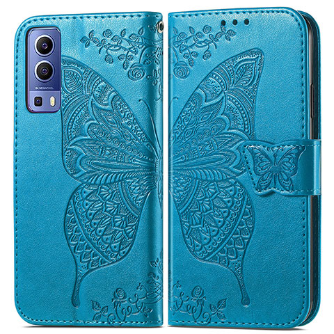 Coque Portefeuille Papillon Livre Cuir Etui Clapet pour Vivo Y52 5G Bleu