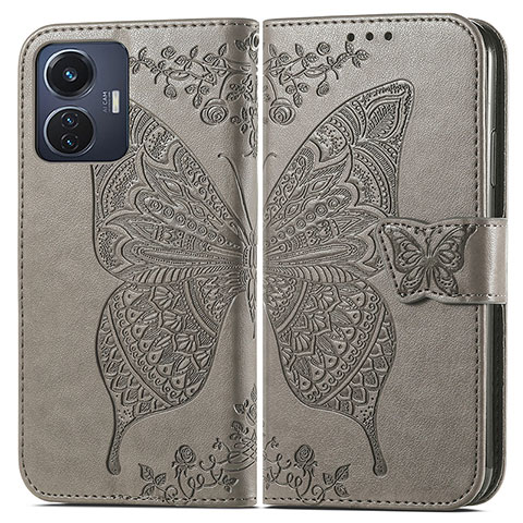 Coque Portefeuille Papillon Livre Cuir Etui Clapet pour Vivo Y55 4G Gris