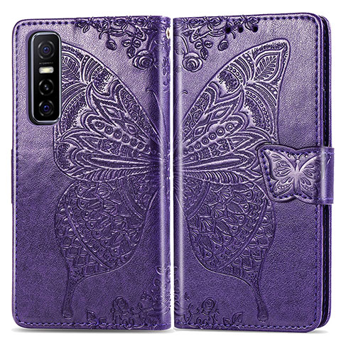 Coque Portefeuille Papillon Livre Cuir Etui Clapet pour Vivo Y73s 5G Violet