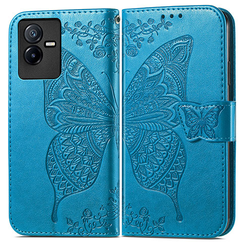 Coque Portefeuille Papillon Livre Cuir Etui Clapet pour Vivo Y73t Bleu