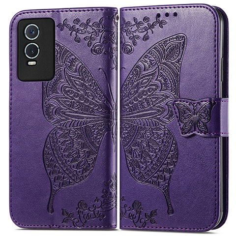 Coque Portefeuille Papillon Livre Cuir Etui Clapet pour Vivo Y74s 5G Violet