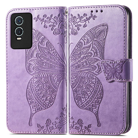 Coque Portefeuille Papillon Livre Cuir Etui Clapet pour Vivo Y74s 5G Violet Clair