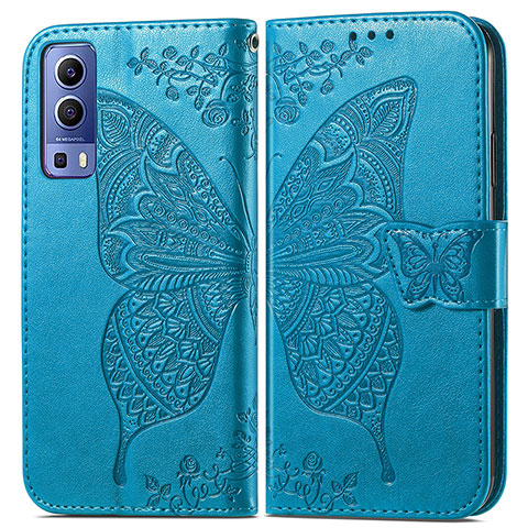 Coque Portefeuille Papillon Livre Cuir Etui Clapet pour Vivo Y75s 5G Bleu