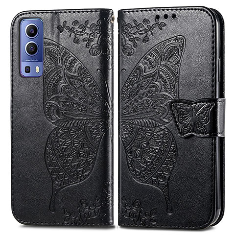 Coque Portefeuille Papillon Livre Cuir Etui Clapet pour Vivo Y75s 5G Noir