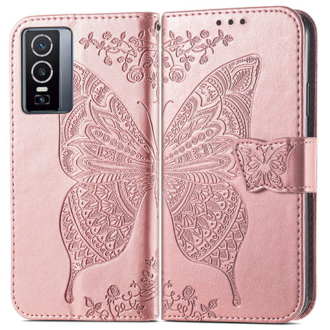 Coque Portefeuille Papillon Livre Cuir Etui Clapet pour Vivo Y76 5G Rose