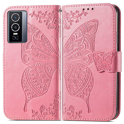 Coque Portefeuille Papillon Livre Cuir Etui Clapet pour Vivo Y76 5G Rose Rouge